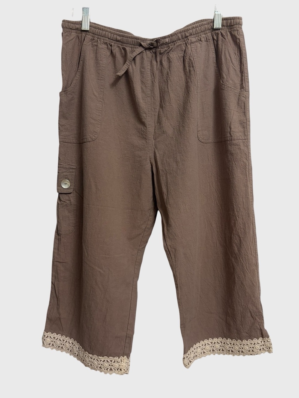 Hillard & Hanson Crinkle Cotton Crop Pants Women's XL Tan Crochet Lace Hem Trim